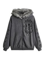 Moletom feminino SOLY HUX com zíper Y2K e gola de pele sintética cinza Moletom feminino SOLY HUX com zíper Y2K e gola de pele sintética cinza