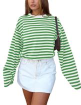 Moletom feminino Vivitulip casual listrado verde recortado
