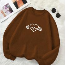 Moletom Flanelado Unissex GOLA CARECA Estamp Coração Barra Batida Com Punho Gola Redonda Inverno