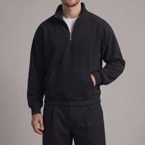 Moletom Half Zíper Canguru Masculino Gola Alta Casual Streetwear Confortável Inverno Old Money Tendê