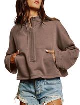 Moletom Himosyber Cropped com meio zíper, pulôver feminino, café Moletom Himosyber Cropped com meio zíper, pulôver feminino, café