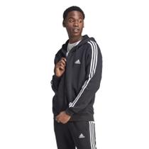 Moletom masculino Adidas Essentials de lã, 3 listras, zíper completo, preto