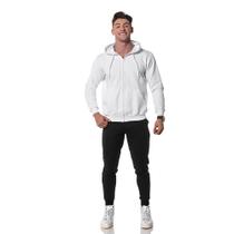 Moletom Masculino Branco com Zíper e Bolso Canguru
