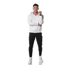 Moletom Masculino Branco com Zíper e Bolso Canguru