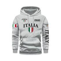 Moletom Masculino Cinza Com Estampa Da Bandeira Da Itália E Letras ITALY Em Relevo, Casual, Com