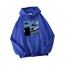 Moletom Masculino Oversize Com Capuz E Estampa De Gato Estrelado Noturno, Casual, Pullover De