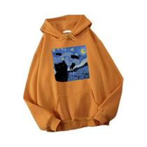 Moletom Masculino Oversize De Fleece Com Estampa De Gato Estrelado À Noite Casual Pullover De Outono