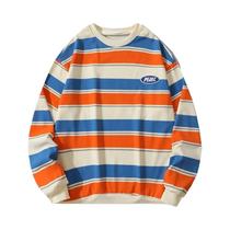 Moletom Masculino Y2K Listrado Coreano Primavera Outono Solto Pulôver Color Block Gola Redonda