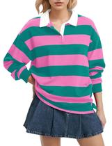 Moletom Meladyan feminino de grandes dimensões listrado com decote em V