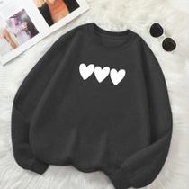 Moletom Personalizado Feminino GOLA CARECA Estamp Três Corações Delicado Romântico Frio Inverno