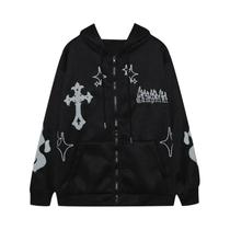 Moletom Plush Com Capuz Bordado Em Cruz E Chamas, Estilo Europeu-Americano Para Casais, Outono