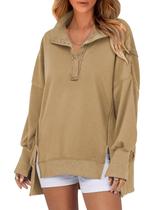 Moletom SHEWIN casual, solto Henley, pulôver feminino, cáqui Moletom SHEWIN casual, solto Henley, pulôver feminino, cáqui