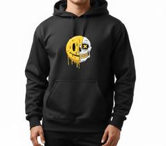 Moletom Smile Skull Gotejado Flanelado Unissex Inverno Capuz