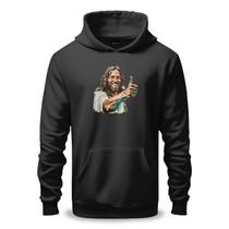 Moletom Unissex Canguru Algodão e Poliéster Estampa Jesus Joinha Cristã Nova Era Amor Paz Ayahuasca Daime Cristo Sorrindo Leão Humor Divertida Feliz