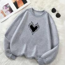 Moletom Unissex GOLA CARECA Estamp Coração Chamas Delicado Romântico Fofo Inverno Frio