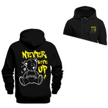 Moletom Urso Never Up Frente e Costas Blusão Inverno Canguru Flanelado Tecido Macio