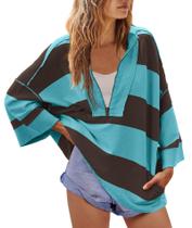 Moletom Yanekop listrado de tamanho grande com decote em V para mulheres