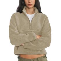 Moletom Yioaga Fleece para mulheres, jaqueta Sherpa cortada, cáqui
