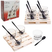 Molheira de vidro com colher inox + bandeja madeira 9 pecas na caixa