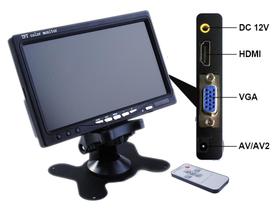 Monitor de LCD 7 Polegadas FULL HD 2 Canais AV/HDMI/VGA com controle remoto e fonte - KSG