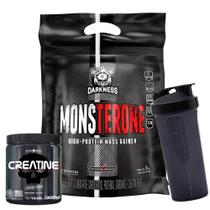 Monsterone Hipercalórico - 3kg Refil - Darkness + Creatina Pura - 300g - Black Skull + Coqueteleira