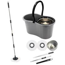 Mop com Balde Giratório Cesto em Inox, 9 Litros, Esfregão para Limpeza Lava e Seca com 2 Refis de Microfibra