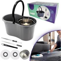 Mop com Balde Giratório Cesto em Inox 9 Litros Esfregão para Limpeza Lava e Seca com 2 Refis de Microfibra Premium
