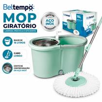 Mop Esfregão Giratório 360º Balde 16 Litros Cesto Inox Cabo Longo 1,40 metros Com Refil Rodas E Alça Beltempo