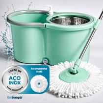 Mop Esfregão Giratório 360º Balde 16 Litros Cesto Inox Cabo Longo 1,40 metros Com Refil Rodas E Alça Beltempo