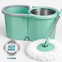 Mop Esfregão Giratório 360º Balde 16 Litros Cesto Inox Cabo Longo 1,40 metros Com Refil Rodas E Alça Beltempo