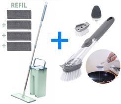 Mop Flat Duplo Balde Multiuso Rodo Esfregao Tampa Vazao Agua + Refil extra + Kit Escova Multiuso 2x1 com Dispenser