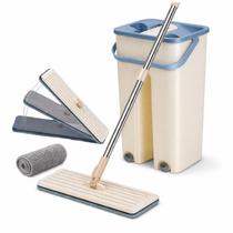 Mop Flat Esfregão com Balde Duplo Lava e Seca Rodo Mágico Microfibra Cabo Extensível Inox Limpeza de Piso