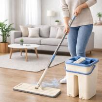 Mop Flat Lava Seca Balde Duplo 5L Cabo Aço Inox Rodo Mágico