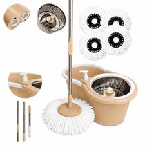 Mop Giratório 360 14L com Cesto Inox, Cabo Ajustável 1,60m, Dispenser para Sabão, Rodinhas, Alça e 4 Refis de Microfibra Balde Centrífuga
