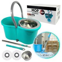 Mop Giratório Balde Cesto Inox Escovão + 2 Refis Esfregão - Mop Esfregão 2 Refis