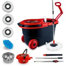 Mop Giratório Com Cesto Em Inox Vermelho - Cabo 150cm - Completo - Nybc