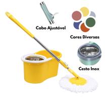 Mop Giratório com Cesto Inox Esfregão Multiuso Refil Microfibra Lava Limpa e Seca Balde de 10 Litros sem Rodinhas para Limpeza Pesada