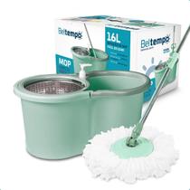 Mop Giratório Limpeza Esfregão 360º Balde 16 Litros Cesto Aço Inox Cabo Longo 140cm Com Refil Rodas E Alça Beltempo