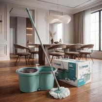 Mop Giratório Limpeza Esfregão 360º Balde 16 Litros Cesto Aço Inox Cabo Longo 140cm Com Refil Rodas E Alça Beltempo