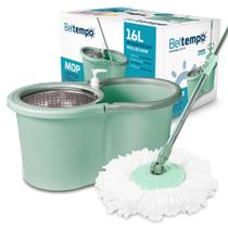 Mop Giratório Limpeza Esfregão 360º Cesto Aço Inox Cabo Longo 140cm Balde 16LT com Rodas E Alça BT141 Beltempo