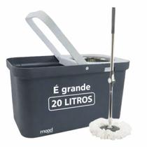 Mop Grande 20L Giratorio Retangular Balde Cesto Inox e Refil Microfibra Cinza com Branco Mop Grande 20L Giratorio Retangular Balde Cesto Inox e Refil Microfibra Cinza com Branco