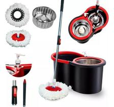 Mop Limpeza Giratorio Esfregao Cesto Em Inox 2 Refil Cor Preto Vermelho