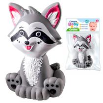 Mordedor Bebê 3 Meses Guaxinim Brinquedo Sensorial Vinil Macio Animais Bichinhos Da Floresta Cinza