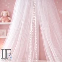 Mosquiteiro Teto Berço Bebê Princesa Decoração Delicada Tule Cabana Pompom Rosa Claro