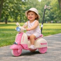 Moto Elétrica Infantil com Empurrador 2 em 1 Mini Scooter 6V Farol LED Som USB MP3 Motoquinha de Brincar com Haste Guia