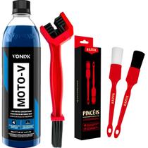 Moto-V 500ml + Escova de Corrente + 2 Pincéis Kit Limpeza Completa para Moto Profissional -