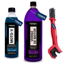 Moto-V 500ml + Verniz de Motor 1,5L + Escova de Corrente Kit Limpeza e Proteção Completa Moto -