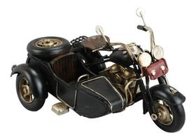 Motocicleta Preta C/ Sidecar 11x19x13cm Estilo Retrô Vintage