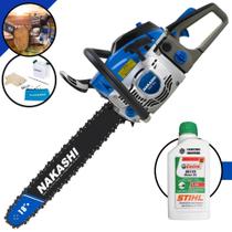 Motor Serra À Gasolina Nakashi NCS-500 Motor 2T 49,3cc Sabre 18' Corrente 28 Dentes Carcaça de Magnésio, Vela NGK e Carburador Walbro Motosserra Profissional + EXTRA 1 ÓLEO STIHL