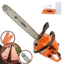 Motorsserra Motosserra Motor Serra Terra MT-520 À Gasolina 52cc 2,5HP Alta Rotação Com 2 Sabres 18 e 20 Polegadas + 2 Correntes 36 e 38 Dentes Ideal Para Poda de Galhos e Desdobra de Madeira